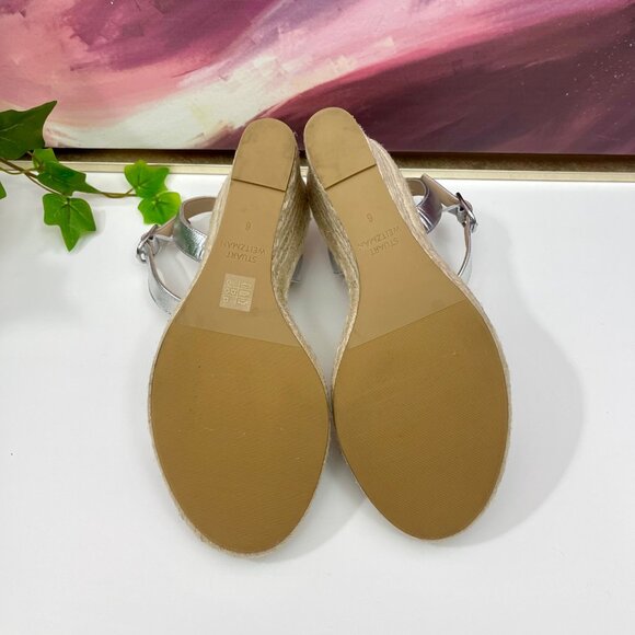 Stuart Weitzman Teddi Espadrille Leather Wedge Sandal in Silver Size 6 - Picture 9 of 10